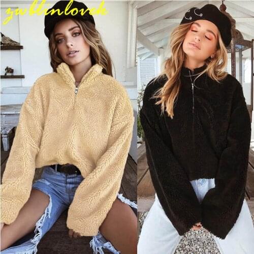 Women Plush Coat Autumn Winter Solid Lamb Fur Sweatshirts Long Sleeve Stand Collar Zipper Pullovers Warm Tops 2C0058