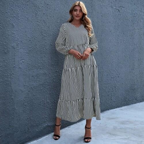 2021 Female Fashion Plaid Temperament Casual Dress V Neck Loose Waist Long Sleeve Sriped Print Spring Summer Ladies Dress
