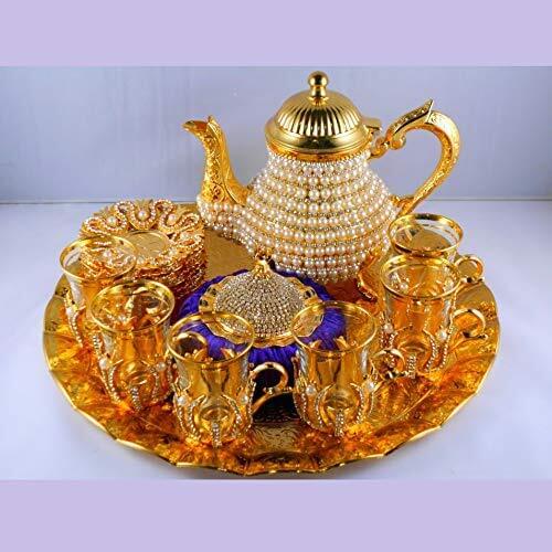 Pearl Coated Gold Turkish Tea Cups Set With Tea Pot