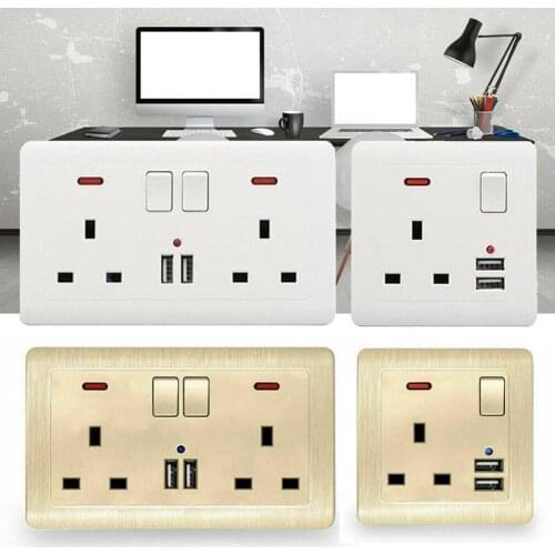 1Pc Wall Socket 13A 250V Square Three-hole Socket Dual USB Charger Port Double Wall British Standard Plug Socket