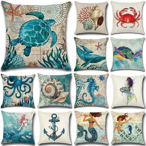 1Pcs Fish Turtle Ocean Sea Pattern Cotton Linen Throw Pillow Cushion Cover Car Home Decoration Bed Decorative Pillowcase 40018