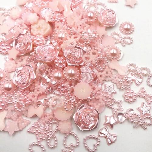 50/100pcs Pink ABS Resin Half Round flower Bow Alien Pearls For Art Flatback Non Hotfix Rhinestones Pearl Shoes Beads DIY