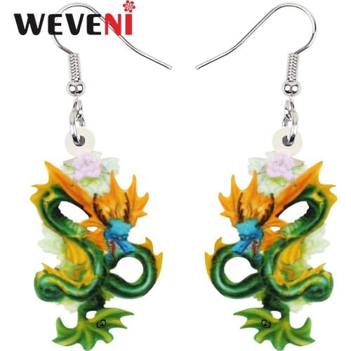 WEVENI Acrylic Sweet Green Chinese Long Dragon Earrings Fashion Big Long Drop Dangle Charms Gifts Jewelry For Women Girls Teens