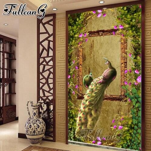 FULLCANG Wealthy auspicious peacocks full square round drill large 5d diamond painting animal diy mosaic embroidery sale FC2438