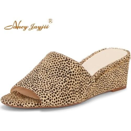 Brown Leopard High Wedges Sandals Woman Open Toe Fur Slides Slippers Large Size 11 13 For Ladies Summer Footwear Holidays 2019