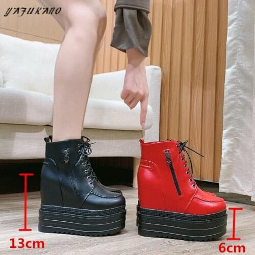 13Cm Thick-Soled Internal Increase Ankle Boots High Platform Side Zipper Plus Velvet Short Boots High Heels Lace-up Martin Boots