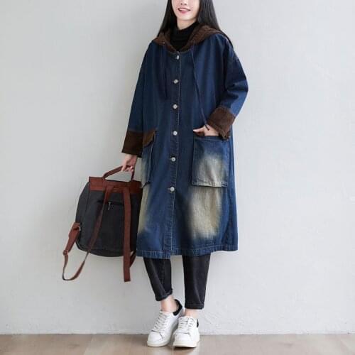 Long Hooded Jean Trench Autumn New Oversized Cowboy outerwear Baggy Boyfriend Single Breasted Pocket Long Denim Windbreaker