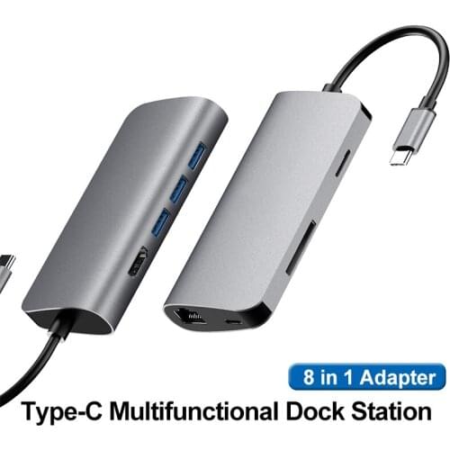 8 in 1 Type C Dock Station HDMI-compatible 4K Monitor USB C Adapter USB 3.0 TF/SD RJ45 PD Fast Charging for Macbook Pro NoteBook