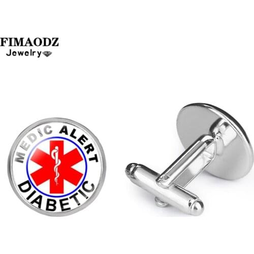 FIMAODZ Medical Alert Diabetes Cufflinks Diabetic Awareness Art Pattern Glass Round High Quality Mens Shirt Cuff Links Buttons