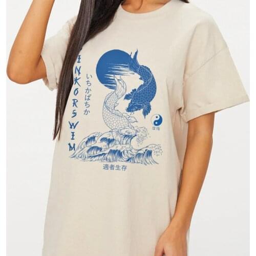 Yin Yang Koi Fish Print Japanese Style T-Shirt Womens Vintage Fashion Harajuku Style Streetwear Tee Oversized Aesthetic Tee