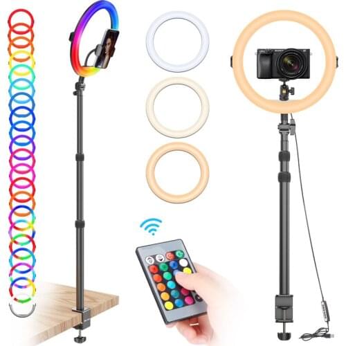 Ulanzi K10 RGB Ring Light with Desk Mount Base Phone Clip Holder Dimmable Selfie Lamp for Phone Camera Vlog Live Photography