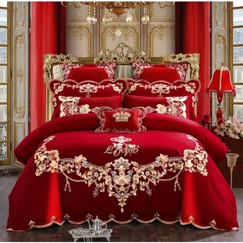 Red Chinese Style Wedding Embroidery Duvet Cover Bed Sheet Set Cotton Solid Princess Bedding Set Luxury Girls Romantic Cover Bed