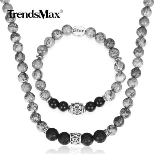 Natural Map Stone Jewelry Set Womens Mens Black Glass Bead Necklace Bracelet Stainless Steel Star Charm Link Chain Gift DS05