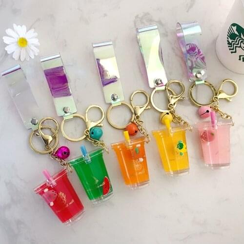 Creative Colorful Floating Fruit Cup Keychain Cute 5 Style Moving Liquid Keychains Women Car Bag Pendant Gadgets Toys Gift