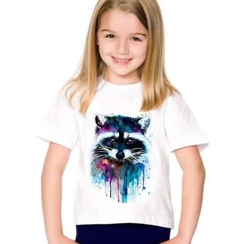 Summer white Short Sleeve Tees girl Animal Print Watercolor Raccoon Children T-shirts Kids Boys Casual Tops Baby Girls Clothes