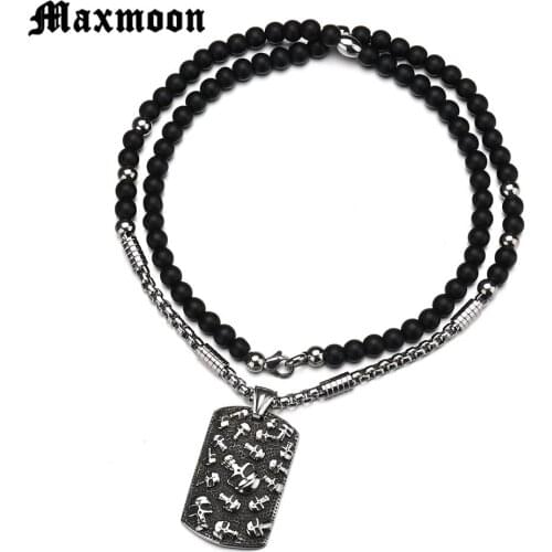 Maxmoon Punk Style Tattoo Long Chain Square Skull Pendant Necklace Stainless Steel Necklace Charm Men Cool Punk Rock Jewelry