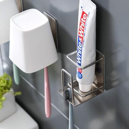 Toothbrush Holder Wall Mounted Adhesive 3 in 1Toothbrush Toothpaste Cup Holder Organizer Stainless Steel Holder for Bathroom