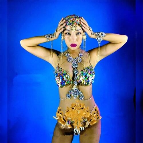 Nightclub Womens Colorful Rhinestone Bikini Clothes Dance Team Womens Costumes Goddess Sexy Lady Party Dress With Headdress