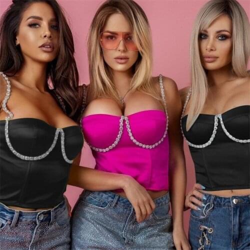 Europe and the United States new spring and summer sexy tight flowers drill exposed umbilicus chest line collar small sling girl