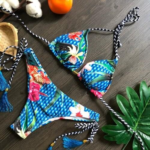 New Bikini Floral Print Swimsuit Biquinis Feminino Sexy Multi-string Thong Swimwear Bandeau Bikini Set Bathing Suit Women Bikins