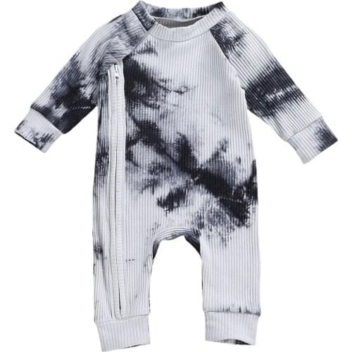 Autumn Newborn Baby Tie Dyed Jumpsuit Round Neck Long Sleeve Playsuit Infant Girl Boy One Piece Long Pants with Zipper 0-24M