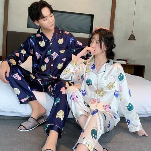 SLPBELY Couple Pajamas Set Sleepwear Spring Faux Silk Satin Cute Cartoon Long Sleeve Men Women Pyjamas Lovers Nightwear Homewear