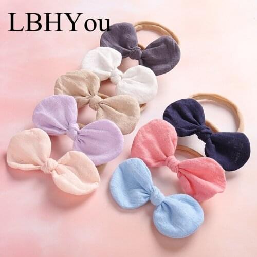 4pcs/lot Soild Linen Cotton Bows Nylon Headbands,Newborn Girls Round Knot Bow Elastic Nylon Head Bands,Fabric Hair Accessories