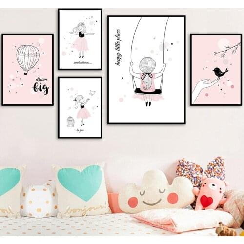 Pink Baby Girl Swinging Room Decor Nordic Poster Cartoon Angel Bird Pictures Kids Room Poster Prints Wall Art Canvas Painting