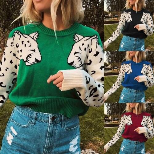 Women Fashion Animal Print Patchwork knitted sweater women casual tiger lady pullover sweater female Autumn winter retro jumper