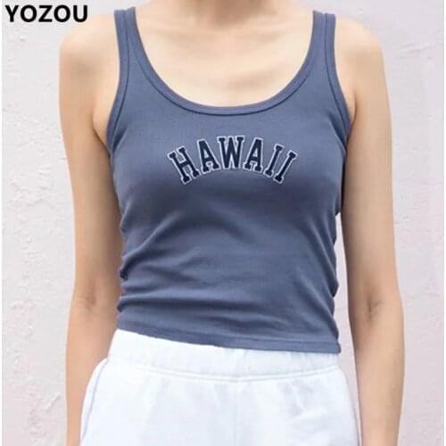 YOZOU Women Solid Summer Hawaii Letters Embroidery Ribbed Crop Top Tank Cami For Female