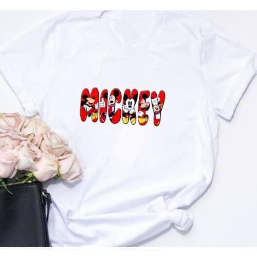 Fashion Women T Shirt Summer Short Sleeve Casual Whtie Disney Tshirts Mickey Minnie Mouse Print Harajuku Tshirt Girls Ladies Top