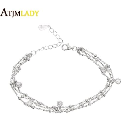 New Arrived Charm Bracelets Round Cubic Zirconia Pendant triple chain bracelet Jewellery 925 Sterling Silver Women Jewelry