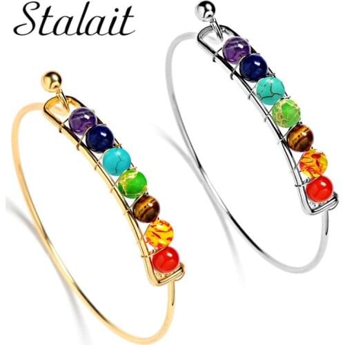 6mm Women 7 Chakra Natural Stone Bracelet Bangle Crystal Beads Gold Color Bangle Bracelet Female