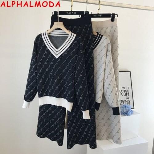 ALPHALMODA Double-sided Jacquard V-Neck Sweater Wide-leg Pants Women Fashion Two-piece Suit Loose Outfit Comfy Lounge Wear Set