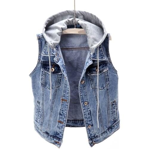Hooded Denim Women Coat V-neck Sleeveless Fashion Short Street Wear Casual Jacket Outwear Coat Tops