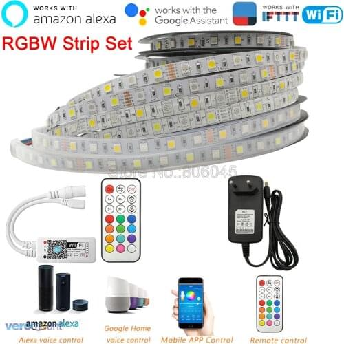 12V 5050 RGBW RGBWW LED Strip 60LEDs/m 5m with mini 21Key RF WiFi Remote Controller Alexa Google Voice Control + Power Supply