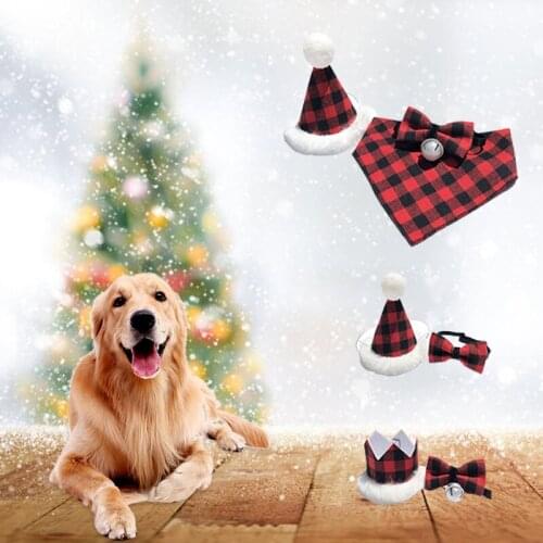 2Pcs/set Pet Dogs Cats Caps + Bow Tie Set Cat Puppy Festival Celebration Costume Plaid Design Headwear Hat Christmas Party Acces