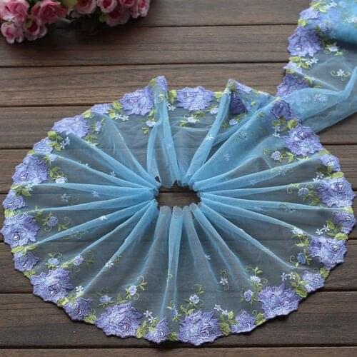 2 Yards Lace Trim Exquisite Purple Flowers Embroidered Cyan Tulle Lace 7 Inches Wide High Quality