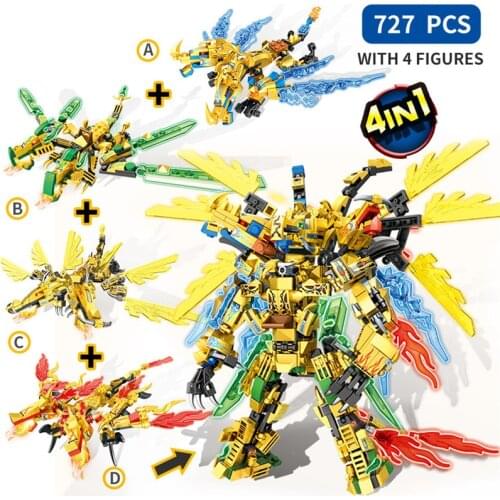 4in1 727pcs Ninja Gold Dragon Knight Mecha Weapon Building Blocks City Robot Fight Ninja Figures Bricks Toys For Children
