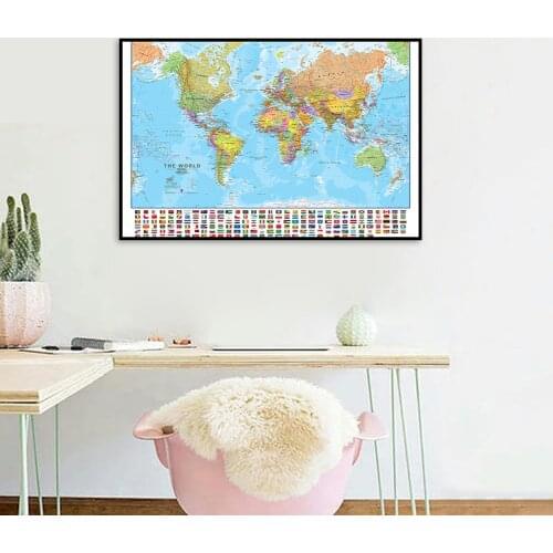 80*60cm Political Map of The World with National Flags Canvas Painting Wall Art Poster School Supplies Living Room Home Decor