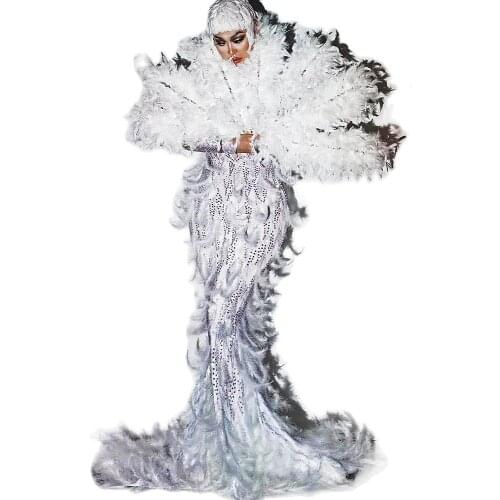 Shining Rhinestones Sequins Feather Long Trailing Dresses Long Sleeve Birthday Party Dress Ladies Dance Costume Club Stage