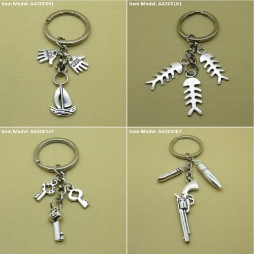 Keychain Keyring Ship Sailing Junk Signs Tags Handmade Fishbone Bone Fish Piggy Pig Key Skeleton Magic Gun Revolver Bag Charms