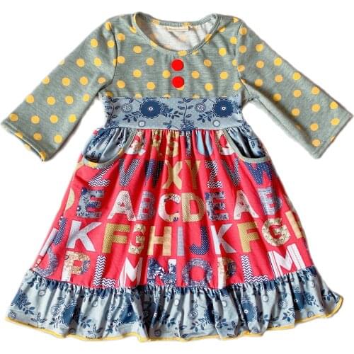 New girl design autumn Children Cotton letter pattern ruffles dress polka dot silk Dark swing dress
