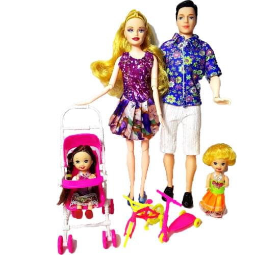 Girl Play House Toys Family 4 People Dolls Suits 1Mom/1Dad/2 Little Kelly Girl/toy bicycle/scooter/1 Baby Carriage for barbie,JY