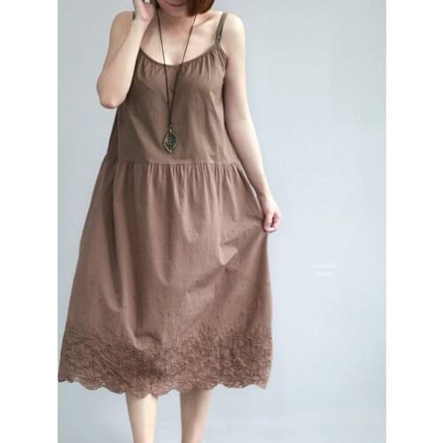Johnature Solid Color Dress Embroidery Floral 2021 Summer New Women Cloths Vintage Spaghetti Strap Cotton Women Dress