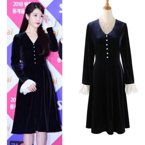 Kpop IU Lee Ji Eun Elegant Velvet Flared Long Sleeves Lace-Trim Dress Temperament Dress Women V-neck Sexy Pleated Party Dresses