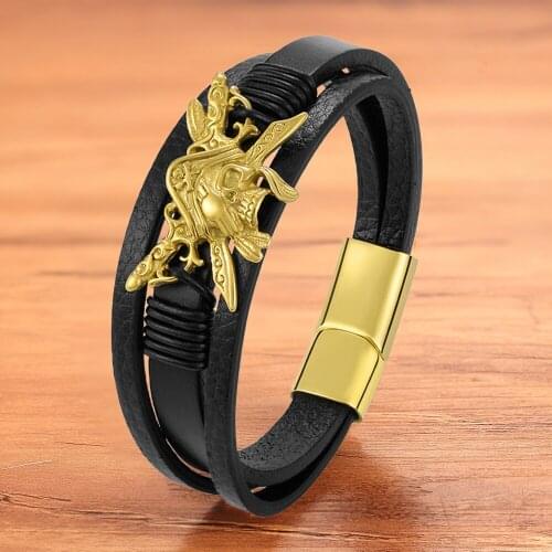 Fashion Luxury Genuine Leather Pirate Bracelet Men Gold Black Magnet Stainless Steel Rope Braided Bangle Jewelry Birthday Gift