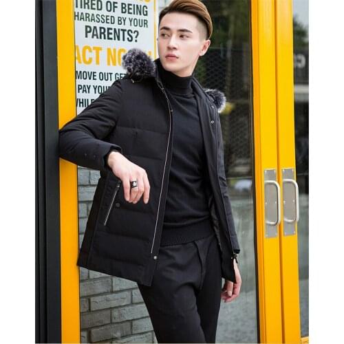 Grey Quality High Goose Down Mens Jackets Fox Fur Collar Hooded Mens Parkas Warm Winter Jacket Men Padded Coat WXF413