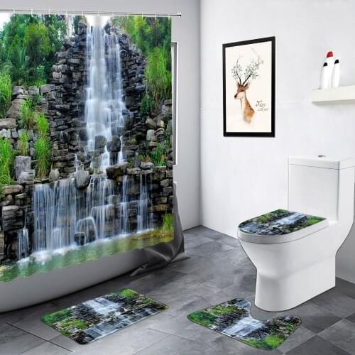 Waterfall Landscape Shower Curtain Set Green Plants Garden Rural Scenery ​Bathroom Rug Non-slip WC Carpet Toilet Cover Bath Mats