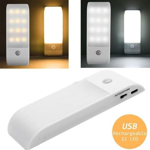12 LED Motion Sensor Night Light Under Cabinet Light Sensor Closet Light USB Rechargeable W/Magnetic For Wardrobe Kitchen Stairs